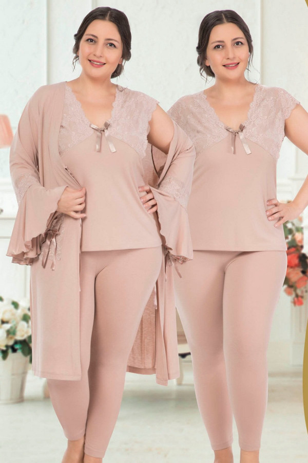 jenika 34717 açık kahve renk büyük beden sabahlıklı pijama takımı, jenikabttlsbhlklpjmtkm34717, jenika pijama takımı, Jenika