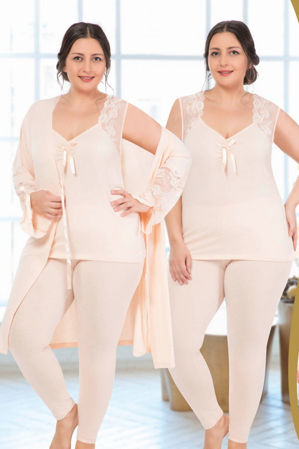 jenika 34720 krem renk büyük beden sabahlıklı pijama takımı, jenikabttlsbhlklpjmtkm34720, jenika pijama takımı, Jenika