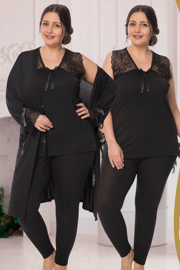 jenika 34721 siyah renk büyük beden sabahlıklı pijama takımı, jenikabttlsbhlklpjmtkm34721, jenika pijama takımı, Jenika