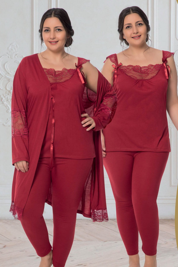 jenika 34723 bordo renk büyük beden sabahlıklı pijama takımı, jenikabttlsbhlklpjmtkm34723, jenika pijama takımı, Jenika