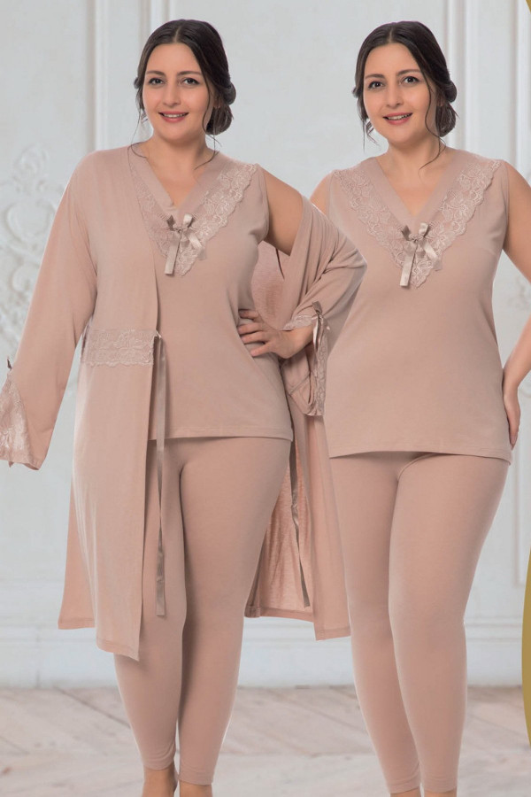 jenika 34725 açık kahve renk büyük beden sabahlıklı pijama takımı, jenikabttlsbhlklpjmtkm34725, jenika pijama takımı, Jenika
