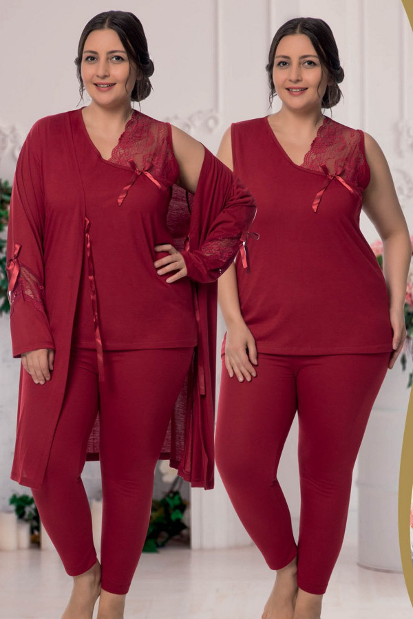 jenika 34726 bordo renk büyük beden sabahlıklı pijama takımı, jenikabttlsbhlklpjmtkm34726, jenika pijama takımı, Jenika