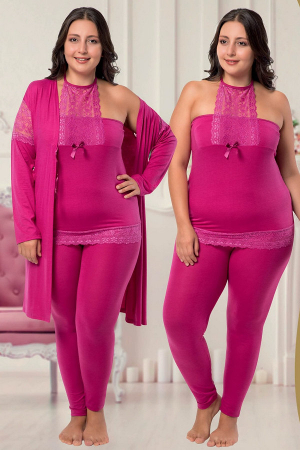 jenika 36483 fuşya renk büyük beden sabahlıklı pijama takımı, jenikabttlsbhlklpjmtkm36483, jenika pijama takımı, Jenika