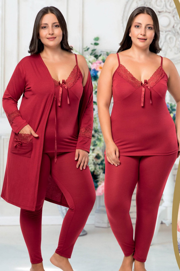 jenika 36494 bordo renk büyük beden sabahlıklı pijama takımı, jenikabttlsbhlklpjmtkm36494, jenika pijama takımı, Jenika