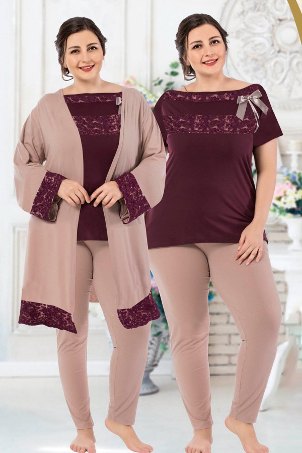 jenika 40134 mürdüm renk büyük beden sabahlıklı pijama takımı, jenikabttlsbhlklpjmtkm40134, jenika pijama takımı, Jenika