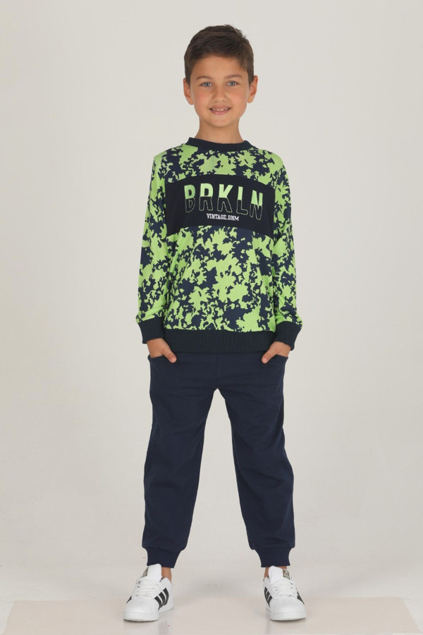 yeşil - lacivert renk pamuklu i̇ki i̇plik quilling seti teknur 47303 erkek çocuk pijama takımı, tknr 47303, teknur pijama takımı, Teknur