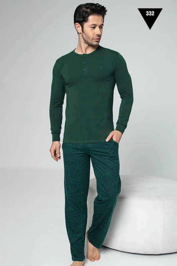 Uzun Kollu Aydoğan Akare 332 Erkek Pijama Takımı - Pamuklu Kumaş Aydoğan Akare 332 Koyu Yeşil Renk Pijama Takımı
