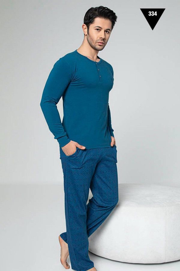Uzun Kollu Aydoğan Akare 334 Erkek Pijama Takımı - Pamuklu Kumaş Aydoğan Akare 334 Koyu Mavi Renk Pijama Takımı