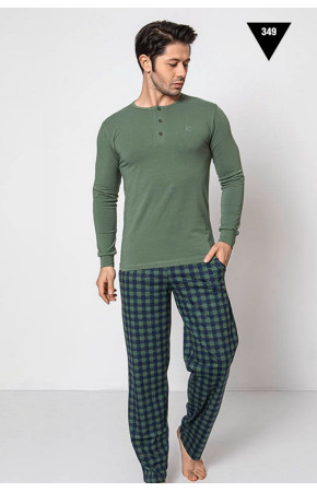 Uzun Kollu Aydoğan Akare 349 Erkek Pijama Takımı - Pamuklu Kumaş Aydoğan Akare 349 Yeşil Renk Pijama Takımı