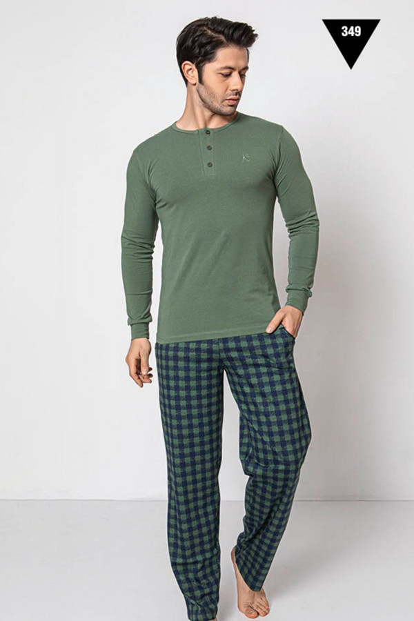Uzun Kollu Aydoğan Akare 349 Erkek Pijama Takımı - Pamuklu Kumaş Aydoğan Akare 349 Yeşil Renk Pijama Takımı