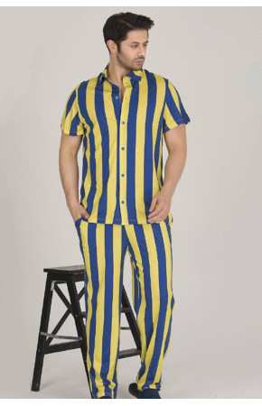 Modal Kumaş Sarı - Lacivert Çizgili Teknur 31501 Kısa Kol Önden Düğmeli Erkek  Pijama Takımı