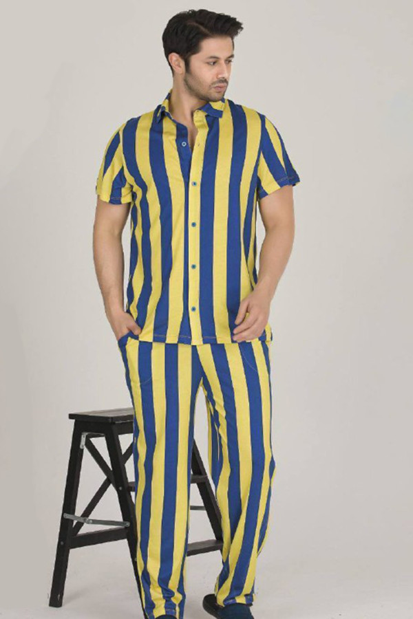 modal kumaş sarı - lacivert çizgili teknur 31501 kısa kol önden düğmeli erkek  pijama takımı, tknr-31501, erkek pijama takımı