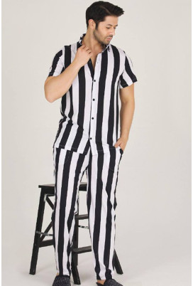 Modal Kumaş Siyah - Beyaz Çizgili Teknur 31502 Kısa Kol Önden Düğmeli Erkek  Pijama Takımı