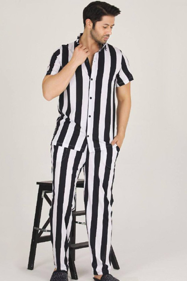 modal kumaş siyah - beyaz çizgili teknur 31502 kısa kol önden düğmeli erkek  pijama takımı, tknr-31502, erkek pijama takımı