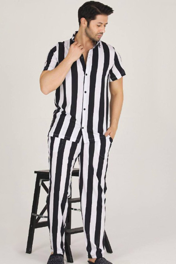 modal kumaş siyah - beyaz çizgili teknur 31502 kısa kol önden düğmeli erkek  pijama takımı, tknr-31502, erkek pijama takımı, Teknur