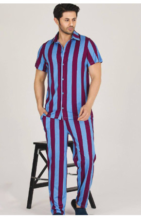 Modal Kumaş Bordo - Mavi Çizgili Teknur 31503 Kısa Kol Önden Düğmeli Erkek  Pijama Takımı