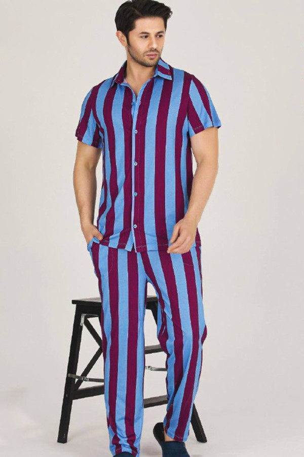 modal kumaş bordo - mavi çizgili teknur 31503 kısa kol önden düğmeli erkek  pijama takımı, tknr-31503, erkek pijama takımı