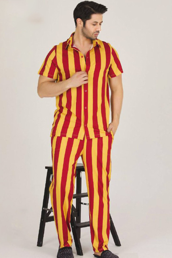 modal kumaş sarı - kırmızı çizgili teknur 31504 kısa kol önden düğmeli erkek  pijama takımı, tknr-31504, erkek pijama takımı, Teknur