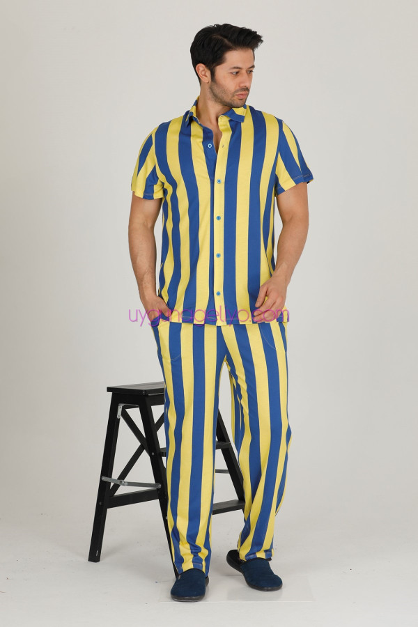 sarı - lacivert renkli çizgili teknur 31501 modal kumaş erkek kısa kol pijama takımı, tkrn-31501, erkek pijama takımı, Teknur