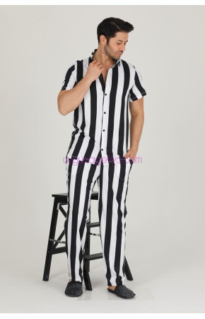 Siyah - Beyaz Renkli Çizgili Teknur 31502 Modal Kumaş Erkek Kısa Kol Pijama Takımı