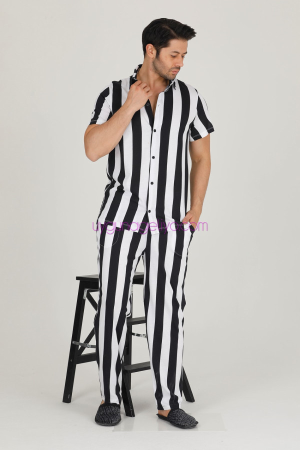 siyah - beyaz renkli çizgili teknur 31502 modal kumaş erkek kısa kol pijama takımı, tkrn-31502, erkek pijama takımı