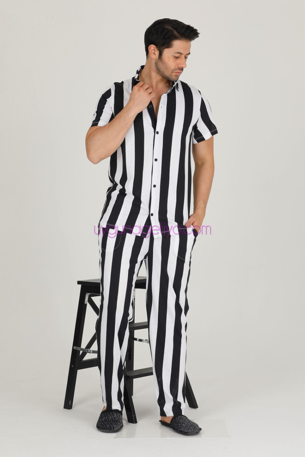 siyah - beyaz renkli çizgili teknur 31502 modal kumaş erkek kısa kol pijama takımı, tkrn-31502, erkek pijama takımı, Teknur