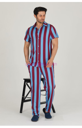 Bordo - Mavi Renkli Çizgili Teknur 31503 Modal Kumaş Erkek Kısa Kol Pijama Takımı