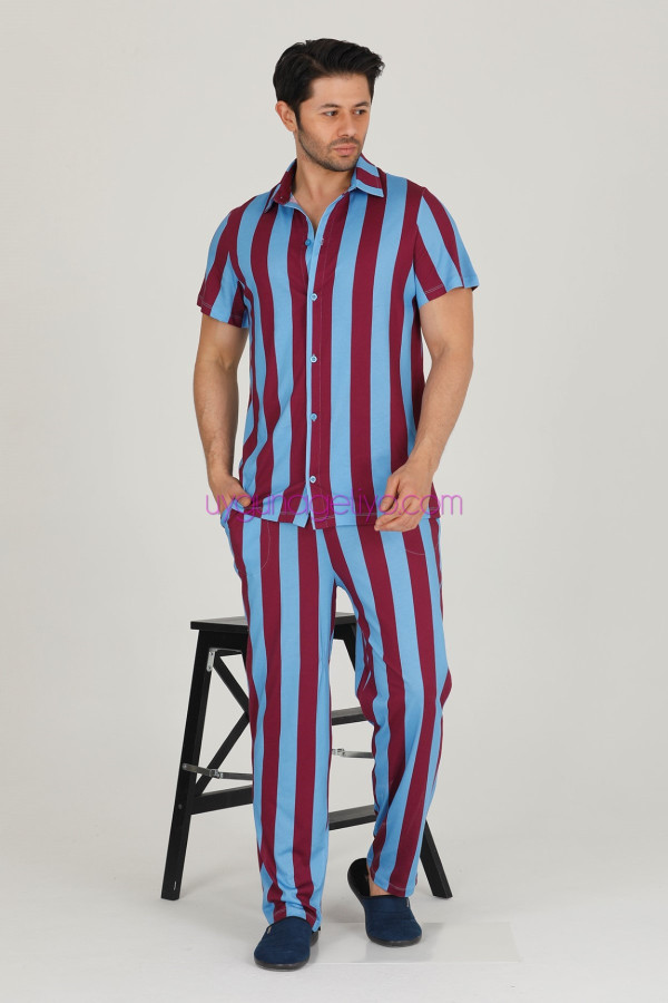 bordo - mavi renkli çizgili teknur 31503 modal kumaş erkek kısa kol pijama takımı, tkrn-31503, erkek pijama takımı