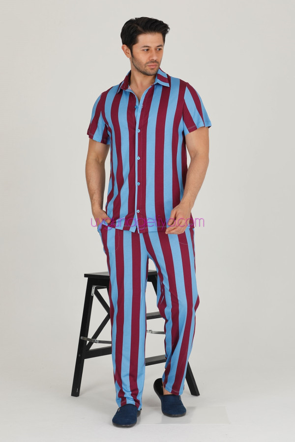 bordo - mavi renkli çizgili teknur 31503 modal kumaş erkek kısa kol pijama takımı, tkrn-31503, erkek pijama takımı, Teknur