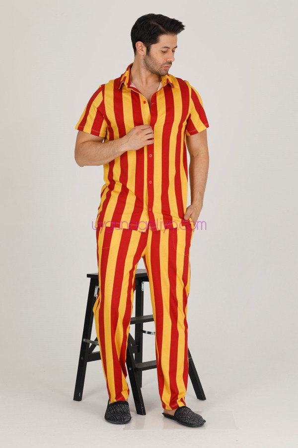 sarı - kırmızı renkli çizgili teknur 31504 modal kumaş erkek kısa kol pijama takımı, tkrn-31504, erkek pijama takımı, Teknur