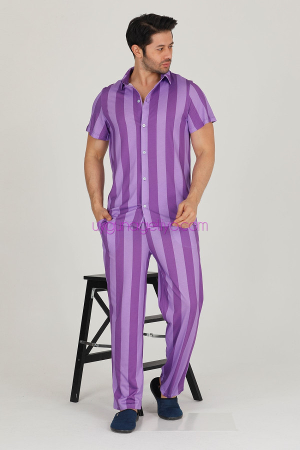 lila - mor renkli çizgili teknur 31519 modal kumaş erkek kısa kol pijama takımı, tkrn-31519, erkek pijama takımı