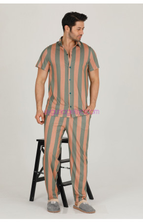 Kahverengi - Haki Renkli Çizgili Teknur 31520 Modal Kumaş Erkek Kısa Kol Pijama Takımı