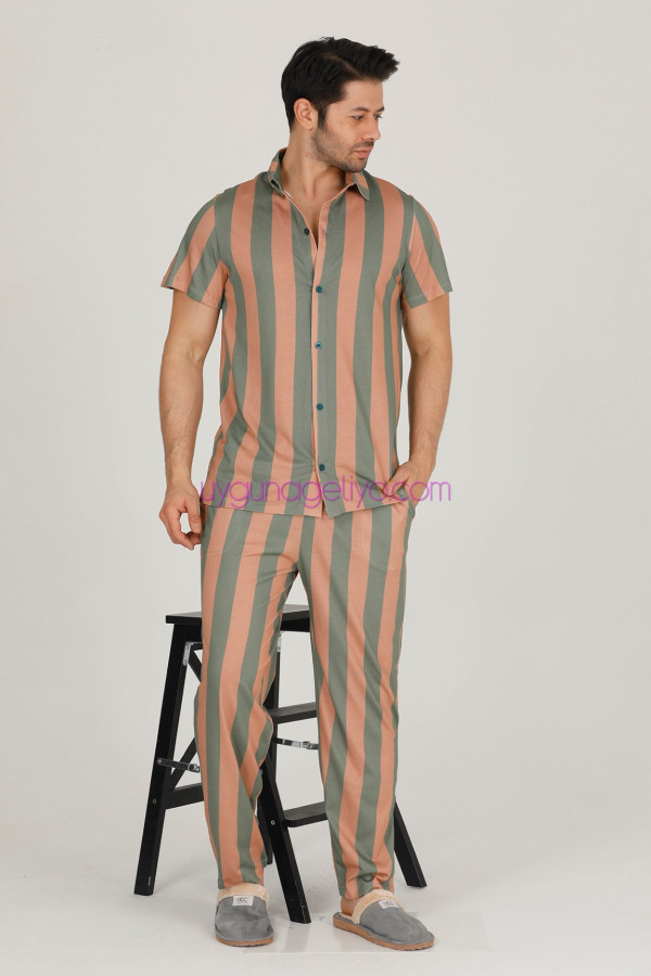 kahverengi - haki renkli çizgili teknur 31520 modal kumaş erkek kısa kol pijama takımı, tkrn-31520, erkek pijama takımı