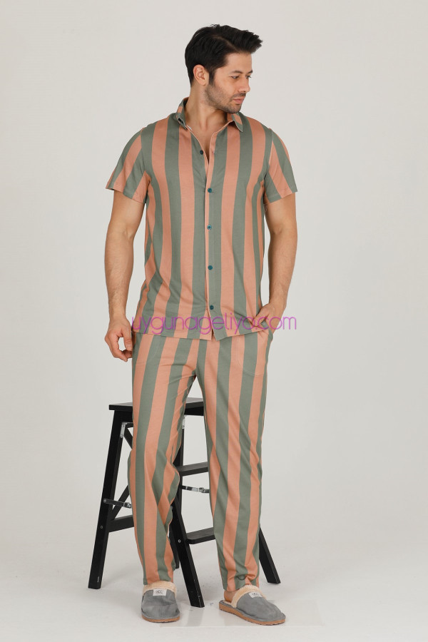 kahverengi - haki renkli çizgili teknur 31520 modal kumaş erkek kısa kol pijama takımı, tkrn-31520, erkek pijama takımı, Teknur