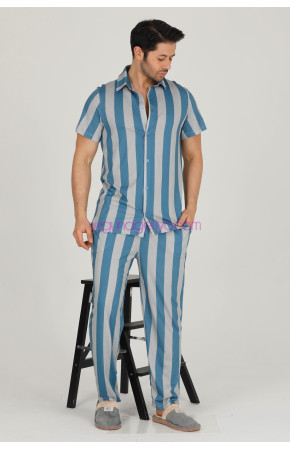 Mavi - Gri Renkli Çizgili Teknur 31521 Modal Kumaş Erkek Kısa Kol Pijama Takımı