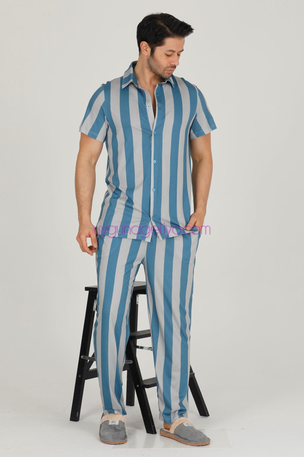 mavi - gri renkli çizgili teknur 31521 modal kumaş erkek kısa kol pijama takımı, tkrn-31521, erkek pijama takımı, Teknur