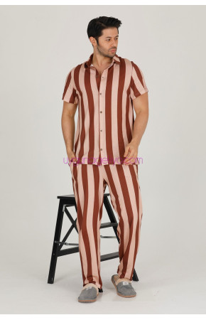 Kahverengi Renkli Çizgili Teknur 31523 Modal Kumaş Erkek Kısa Kol Pijama Takımı