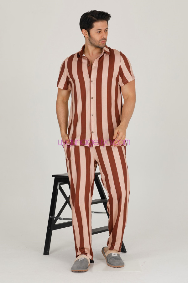 kahverengi renkli çizgili teknur 31523 modal kumaş erkek kısa kol pijama takımı, tkrn-31523, erkek pijama takımı, Teknur