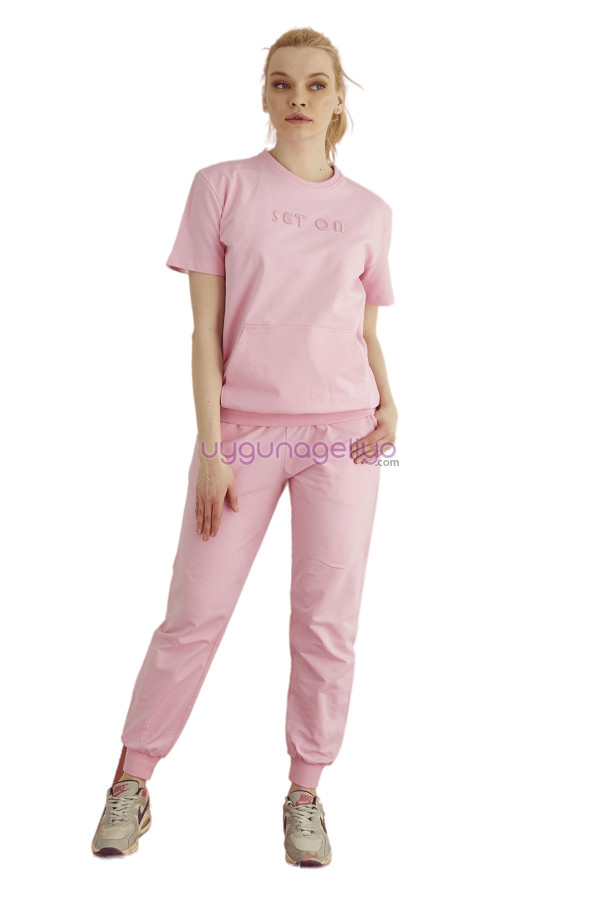kısa kol teknur 16293 kadın pembe renk spor eşofman takımı, tknr-16293, teknur pijama takımı, Teknur
