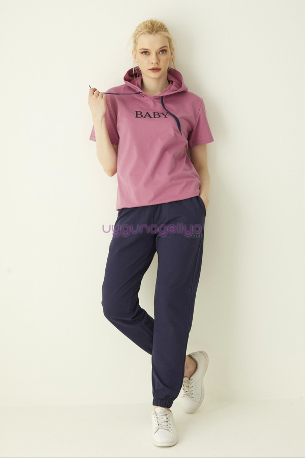 pembe - lacivert renk kısa kol kapüşonlu teknur 16215 kadın spor eşofman takımı, tknr-16215, teknur pijama takımı, Teknur