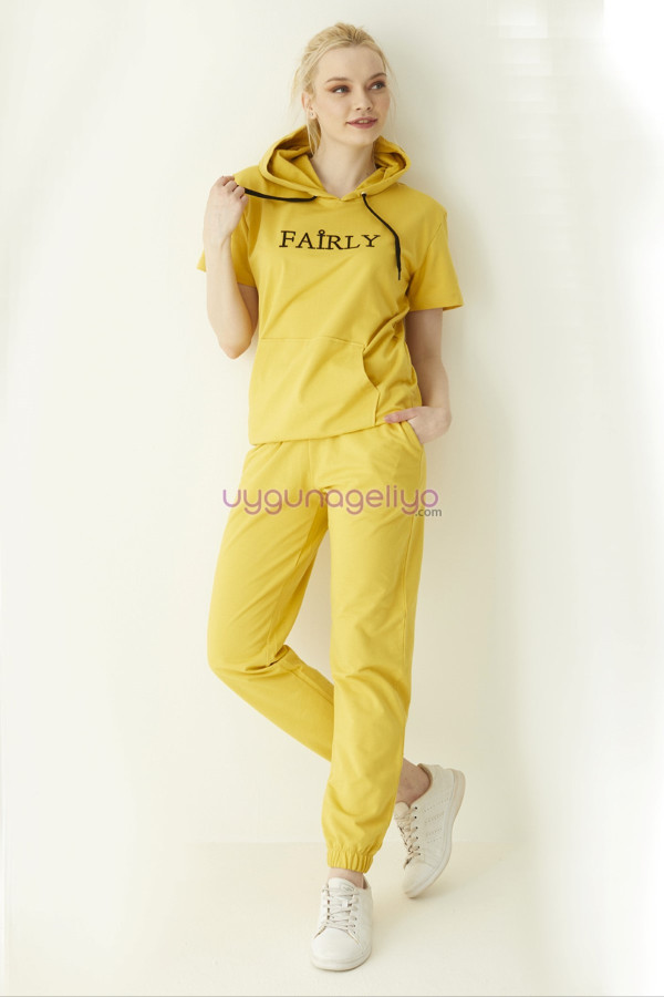 sarı renk kısa kol kapüşonlu teknur 16219 kadın spor eşofman takımı, tknr-16219, teknur pijama takımı, Teknur
