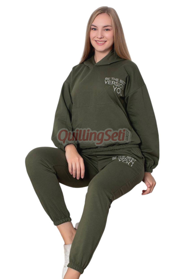 haki yeşil renk uzun kollu ve  kapüşonlu teknur 2802 kadın spor eşofman takımı, qs-tknr-2802-sm, teknur pijama takımı, Teknur