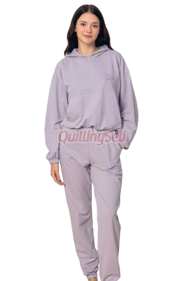 lila renk uzun kollu ve  kapüşonlu teknur 2803 kadın spor eşofman takımı, qs-tknr-2803-sm, teknur pijama takımı, Teknur