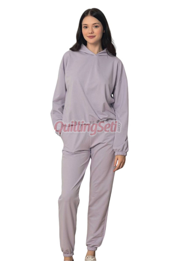 lila renk uzun kollu ve  kapüşonlu teknur 2903 kadın spor eşofman takımı, qs-tknr-2903-sm, teknur pijama takımı, Teknur