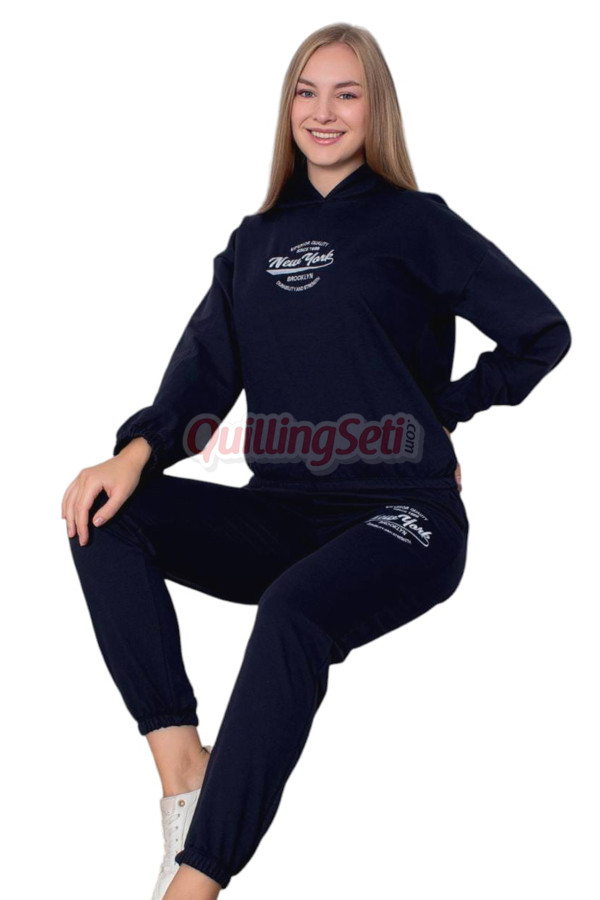 lacivert renk uzun kollu ve  kapüşonlu teknur 2908 kadın spor eşofman takımı, qs-tknr-2908-sm, teknur pijama takımı, Teknur