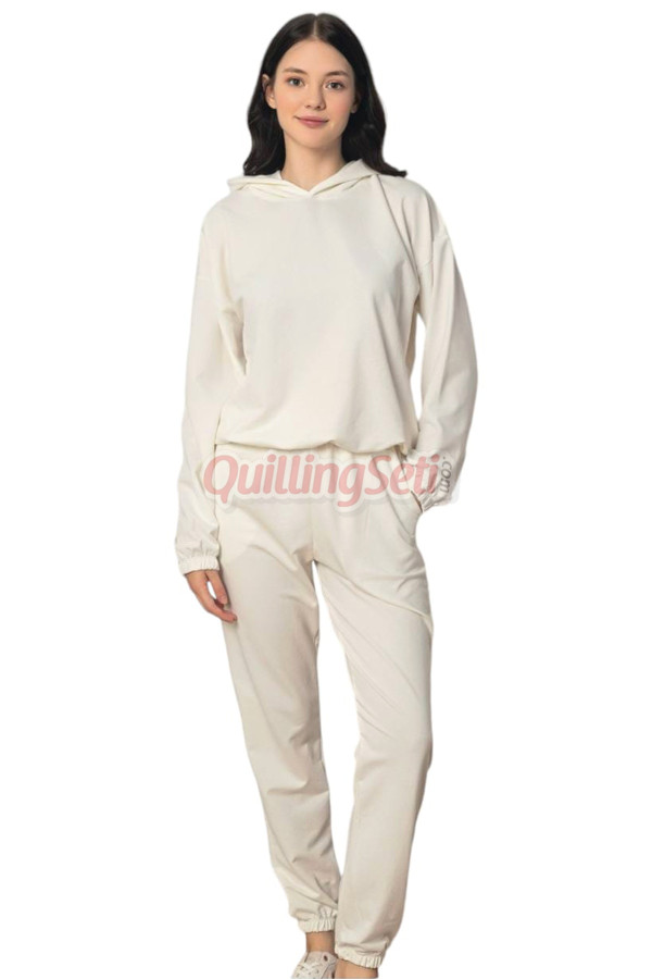 krem renk uzun kollu ve  kapüşonlu teknur 2909 kadın spor eşofman takımı, qs-tknr-2909-sm, teknur pijama takımı, Teknur