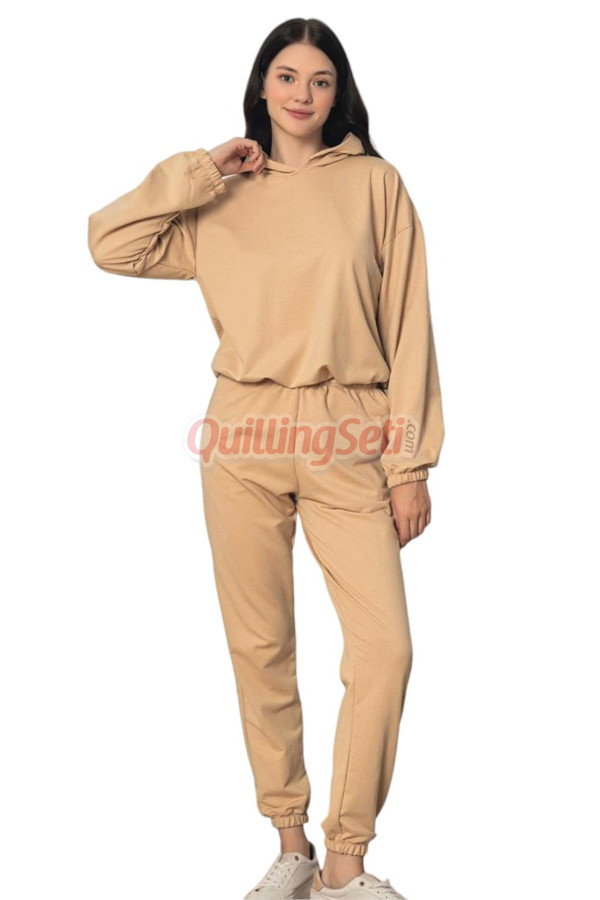 sarı renk uzun kollu ve  kapüşonlu teknur 2910 kadın spor eşofman takımı, qs-tknr-2910-sm, teknur pijama takımı, Teknur