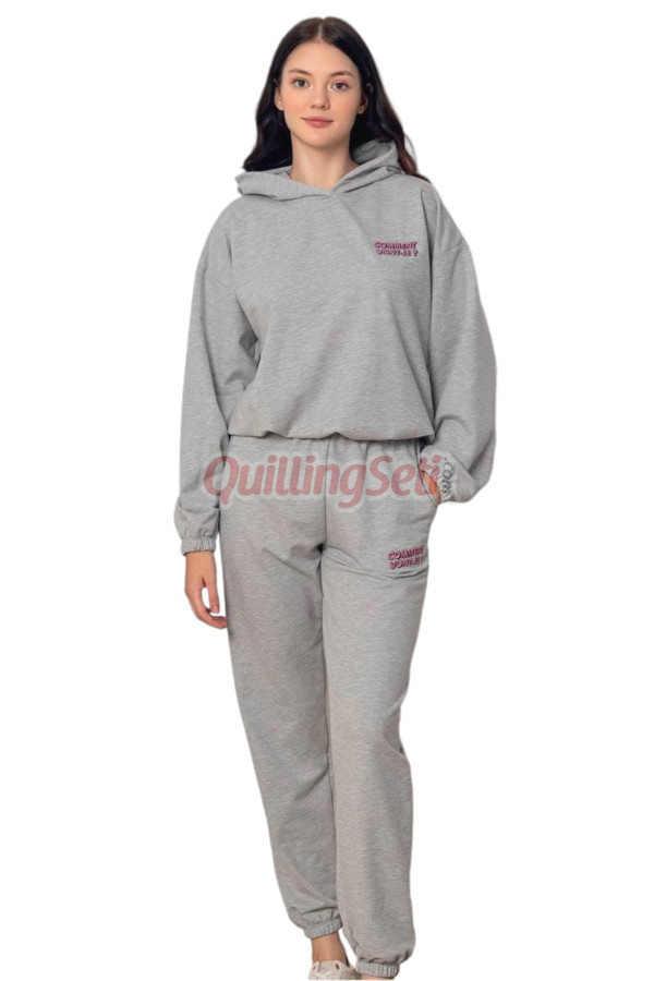 gri renk uzun kollu ve  kapüşonlu teknur 2911 kadın spor eşofman takımı, qs-tknr-2911-sm, teknur pijama takımı, Teknur
