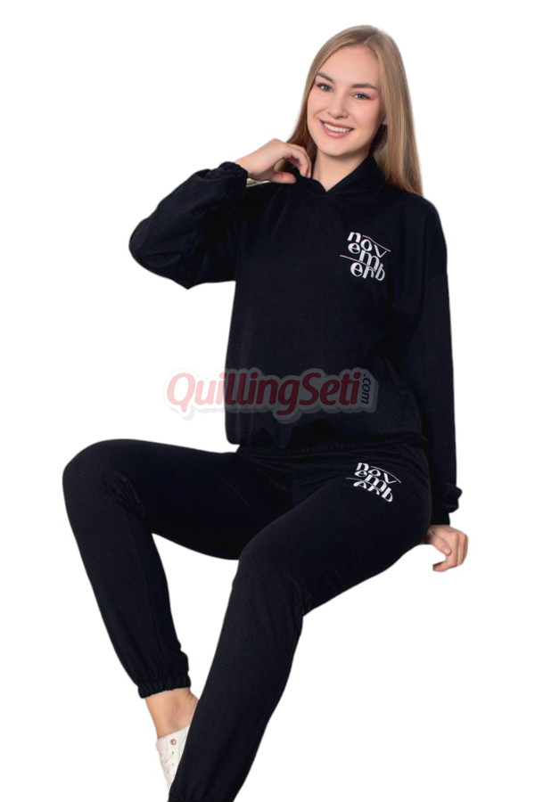siyah renk uzun kollu ve  kapüşonlu teknur 2912 kadın spor eşofman takımı, qs-tknr-2912-sm, teknur pijama takımı, Teknur