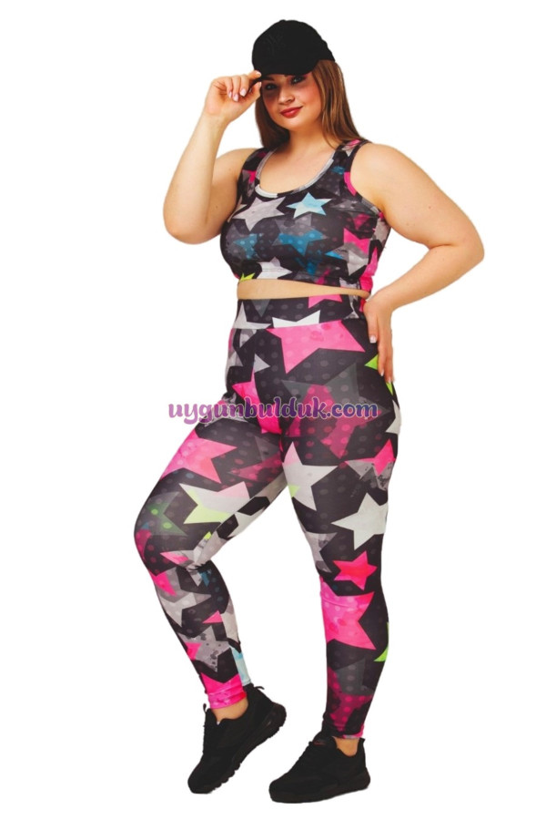 karışık renkli ve yıldız desenli lady 1501 kadın yüksek bel büyük beden büstiyerli taytlı spor takım, lady-1501, lady pijama takımı, Lady